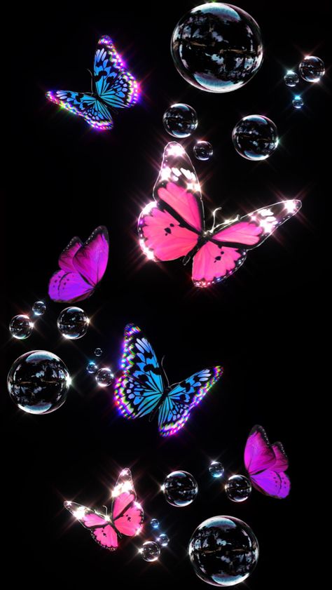 Solid black background with blue, pink, and purple butterflies  spread in a vertical fashion from bottom to top simultaneously increasing in size surrounded by bubbles and a sparkle effect lines the wings of the butterflies Early 2000s Wallpaper Iphone, Y2k Baddie Wallpaper, Y2k Art Wallpaper, Early 2000s Background, 2000 Wallpaper Aesthetic, 2000s Wallpaper Iphone, Yk2 Aesthetic Wallpaper, Early 2000s Aesthetic Wallpaper, Ios 16 Wallpaper Y2k