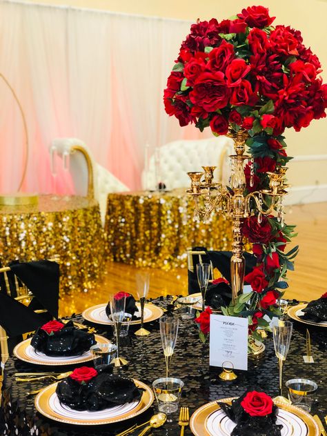 Red Black And Gold Dress, Black Red Gold Wedding Color Schemes, Red White Black And Gold Wedding, Black Red Gold Wedding, Gold Quinceanera Theme, Red Gold Wedding, Black Red Wedding, Black Wedding Decorations, White Wedding Ceremony