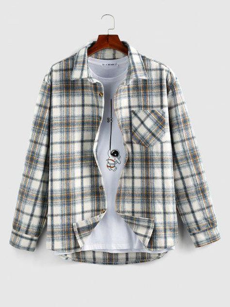 Plaid Print Wool Blend Pocket Shirt - Light Blue L Long Sleeve Shirts For Men, Denim Short Jumpsuit, Shirts Style, Sweater Dress Casual, Long Sweater Dress, Long Sleeve Plaid Shirt, Pocket Shirt, Mens Casual Outfits, Romper With Skirt