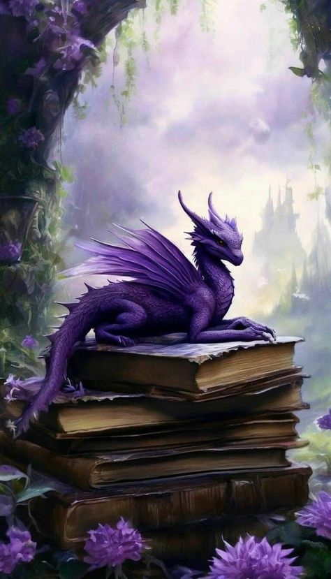 Dragon Room Aesthetic, Book Dragon Wallpaper, Purple Dragon Wallpaper, Purple Dragon Aesthetic, Purple Dragon Art, Dark Purple Dragon, Faerie Dragon, Mystical Creatures Mythology, Purple Dragons