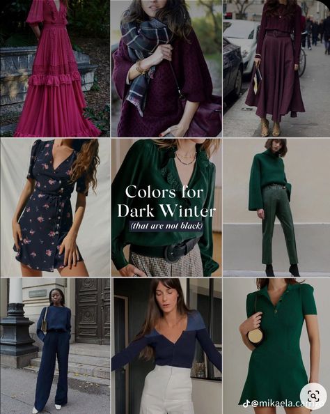 Deep Winter Deep Autumn, Winter Color Analysis Outfits, Dark Winter Jewelry, Dark Winter Color Palette Clothes, Deep Winter Color Palette Outfits Style, Dark Winter Outfits For Summer, Dark Winter Clothes, Deep Winter Outfits Inspiration, Dark Winter Outfits Color Palettes