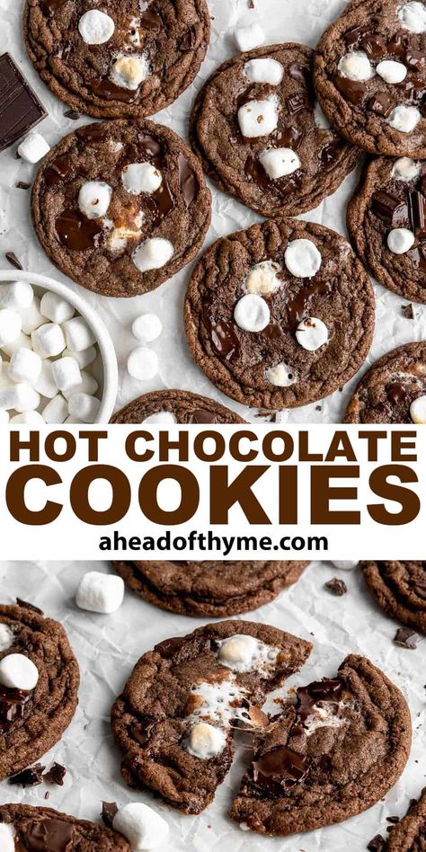 Hot Chocolate Cookies Christmas’s Cookie Recipe, Cappuccino Swirl Cookies, Hot Chocolate Chip Cookies, Crumbl Hot Chocolate Cookies, Frozen Hot Cocoa Cookies, Hot Cocoa Baking Recipes, Insomnia Smores Cookies Recipe, Oatmeal Cookies Christmas, Snow Day Baking Ideas