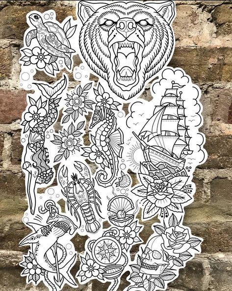 Shen Long Tattoo, Traditional Tattoo Flash Sheets, Traditional Tattoo Stencils, Traditional Tattoo Drawings, Sam King, Vintage Style Tattoos, Traditional Tattoo Old School, Traditional Tattoo Inspiration, Optical Illusion Tattoo