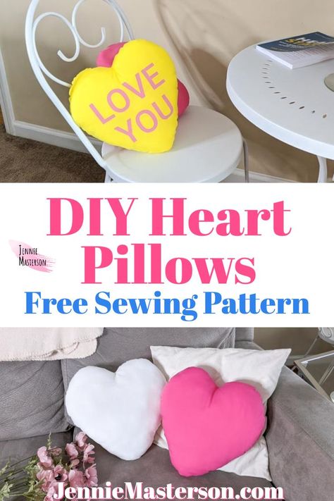 Learn how to make an adorable heart shaped pillow with a free sewing pattern! This project is great for Valentine's Day decor or just everyday home decor. This pattern comes with free SVG's so you can create conversation heart pillows as well as regular heart pillows. Kids adore these and they go great on beds or couches. Diy Easy Gifts, Heart Shaped Pillow, Everyday Home Decor, Sewing Projects Ideas, Perfect Heart, Heart Pillows, Valentines Pillows, Crafts Sewing Projects, Conversation Heart