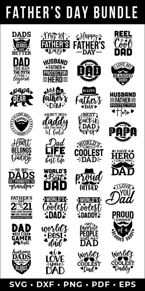 The bundle includes 35 designs which can be used for many purposes specially on t shirts, mugs, signs, cards, scrapbooking, vinyl decals and much more… #fathersdaysvg #fathersdaysvgbundle #fathersday #fathersdayquotesvg #fathersdaysayingssvg #fathersdaysvgfiles #fathersdaysvgcutfiles #fathersvg #father #dadsvg #dad #dadlife #dadlifesvg #svg #happyfathersday #fathersdaydesign #cricutsvg #silhouettesvg #fathersdaytshirt #tshirt #eps Husband Day, Father's Day Stickers, Fathers Day Cake, Sketch Tattoo Design, Diy Father's Day Gifts, Fathers Day Quotes, Fathers Day Mugs, Cricut Craft, Cards Scrapbooking