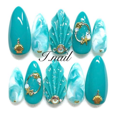 Nail Art Creative, Nails Teal, Shell Nails, Deco Nails, Elegant Touch Nails, Quick Nail Art, 3d Nail Art Designs, Teal Nails, Art Deco Nails