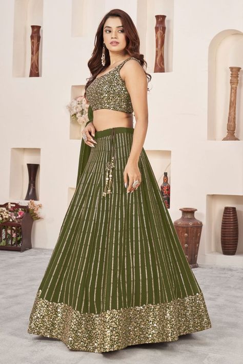 Olive Green Embroidered Georgette Lehenga Choli for Wedding Olive Green Lehenga, Green Lengha, Lehenga Choli For Wedding, Choli For Wedding, Green Lehenga Choli, Bridal Lehenga Online, Georgette Lehenga, Georgette Dupatta, Green Lehenga