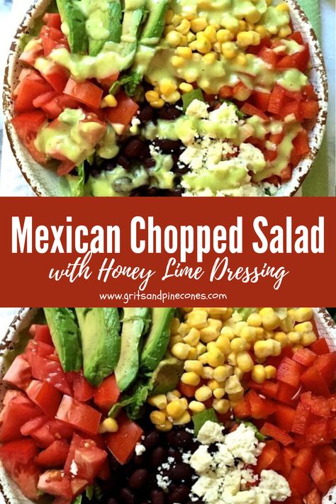 Salad With Honey Lime Dressing, Mexican Chopped Salad, Mexican Salad, Autumn Salad Recipes, Veggies Recipes, Honey Lime Dressing, Mexican Menu, Mexican Salads, Elegant Entertaining