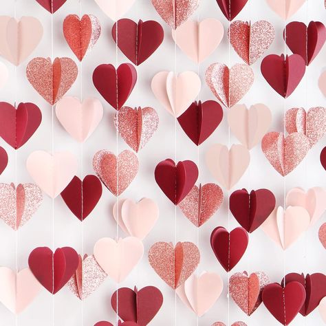 Rose-Gold Pink Burgundy-Red 3D-Heart Garland - 39Ft Valentines Day Party Decorations Hanging Paper Streamers Banner,Engagement Wedding Bachelorette Baby Bridal Shower Decor Ouruola Valentines Bachelorette, Valentines Day Party Decorations, Galentines Brunch, Day Party Decorations, Rose Gold Party Decor, Valentines Baby Shower, Pink Party Decorations, Bridal Shower Inspo, Paper Streamers