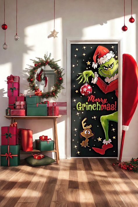 Grinch Door Cover Decorations for Christmas - Holiday Backdrop Banner for Front Door - Outdoor and Indoor Winter Party Decor Grinch Door Decor, Grinch Door Decorating Contest, Grinch Door Decorations, Christmas Door Decoration Ideas, Winter Party Decor, Grinch Door, Christmas Door Ideas, Christmas Door Cover, Christmas Door Decorating