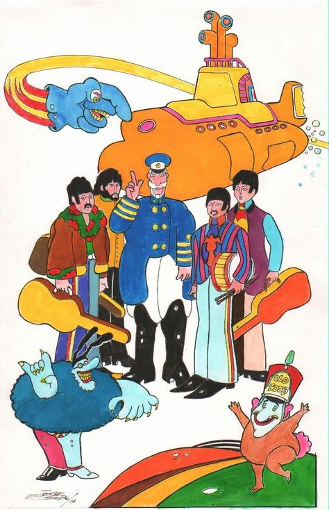 Submarine Illustration, Yellow Submarine Movie, Beatles Painting, Yellow Submarine Art, Beatles Birthday, Beatles Party, Beatles Cartoon, Beatles Yellow Submarine, Beatles Poster