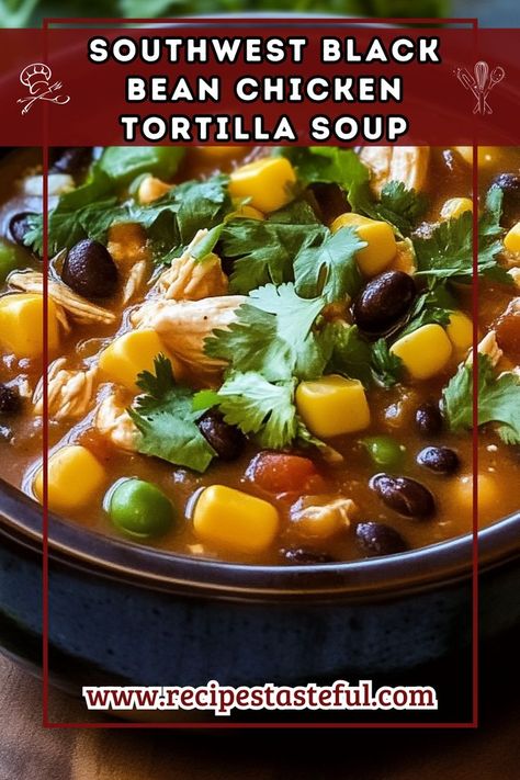 A hearty and flavorful soup packed with black beans, rotisserie chicken, and spices, served with crispy tortilla strips for added crunch. Perfect for chilly evenings or a family gathering! Liquid Soup, Black Bean Chicken, Tortilla Strips, Black Bean Soup, Chicken Tortilla Soup, Chicken Tortilla, Tortilla Soup, Frozen Corn, Soup Pot