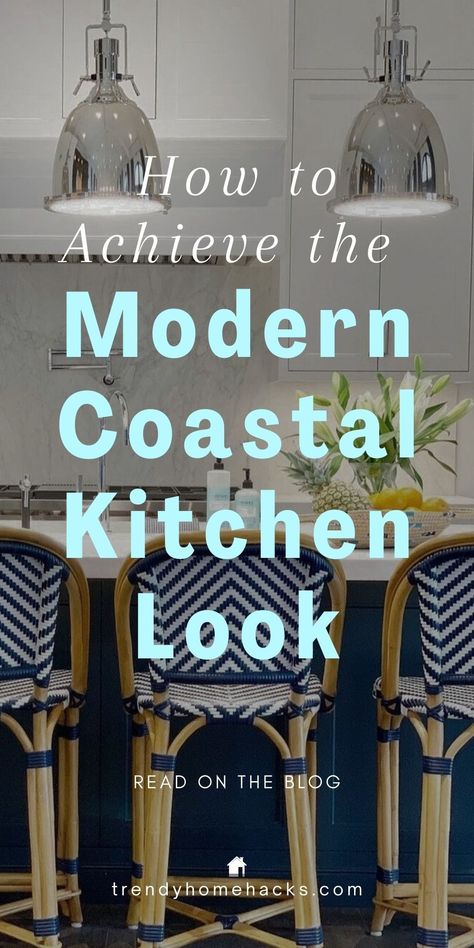 Coastal decor is a way of life that captures the serenity of the coast. Transform your kitchen into a modern coastal haven with our guide. Discover how to select the perfect color palette that mirrors the ocean’s embrace and incorporate nautical accents that tell stories of maritime adventures. From ocean hues to sandy beach inspirations, achieve the modern coastal kitchen look effortlessly. 

Ready to dive in? Head over to the Trendy Home Hacks blog to read! Ocean Inspired Kitchen, Coastal Kitchen Island Decor, Nantucket Kitchen Design, Coastal Kitchen Mood Board, Coastal Modern Kitchen, Coastal Decor Kitchen, Beach Cottage Kitchen, Modern Coastal Kitchen, Coastal Style Kitchen