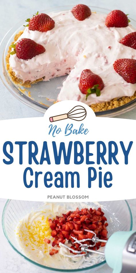 This easy no bake party dessert should be chilled for 8 hours which ensures it is a great make ahead recipe for a holiday. Sweetened cream cheese makes this strawberry cream pie in a graham cracker crust a cool and creamy treat for summer. Strawberry Pie Graham Cracker Crust, Strawberry Cream Cheese Dessert, No Bake Strawberry Pie, Graham Cracker Crust Dessert, Baked Strawberry Pie, Cool Whip Pies, Strawberry Cream Cheese Pie, Strawberry Cream Pie, Christmas Menus