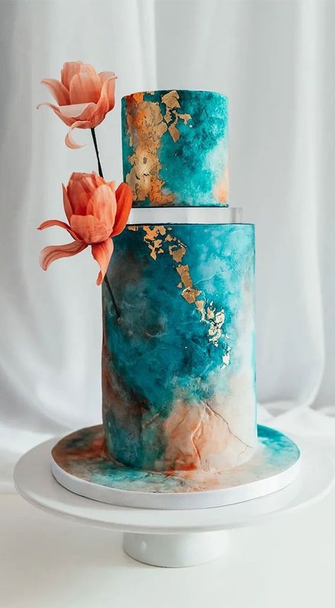 Beautiful 50+ Wedding Cakes to Suit Different Styles : Deep Turquoise Stone-Effect Cake Teal Gold Wedding, Turquoise Wedding Cake, Romantic Wedding Cakes, Turquoise Cake, Teal Wedding Cake, Modern Wedding Cakes, Teal Cake, Wedding Cake Peach, Contemporary Wedding Cakes