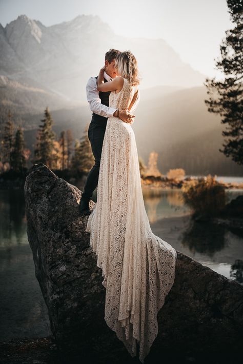 After wedding photoshoot at Eibsee | Wedding Photographer Garmisch-Partenkirchen Lake Eibsee, Music Decorations, Fairytale Bride, Illusion Sleeves, Garmisch Partenkirchen, Ceremony Wedding, Foto Poses, Decorations Wedding, Lace Neckline