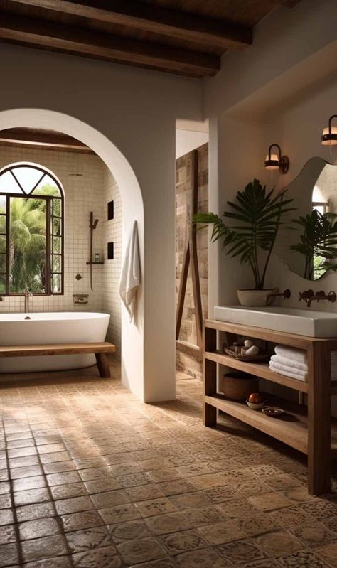 Mediterranean Courtyard-Inspired Bathroom: Transport yourself to a Mediterranean courtyard with a bathroom inspired by Spanish architecture. Stone accents, archways, and lush greenery create a private sanctuary, making your bathroom feel like a peaceful escape. See more on Nymphs Daily Blog. Mediterranean Ensuite, Tuscany Bathroom, Art Deco Studio, Mediterranean Courtyard, Spanish Style Bathrooms, Modern Mexican Home, Spanish Bathroom, Mediterranean Bathroom, Spanish Interior