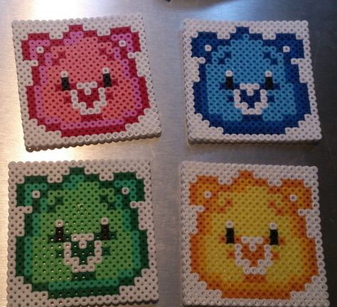 Care Bears coasters hama perler beads by Sonja Ahacarne Hama Beads Coasters, Melty Bead Designs, Melt Beads Patterns, Hamma Beads Ideas, Easy Perler Bead Patterns, Melty Bead Patterns, Easy Perler Beads Ideas, Fuse Bead Patterns, Hama Beads Design