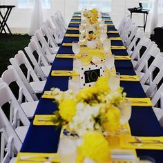 Navy and Yellow Reception Decor                                                                                                                                                                                 More Blue And Yellow Wedding Theme, Royal Blue And Yellow Wedding, Wedding Ideas Yellow, Royal Blue Wedding Decorations, Blue And Yellow Wedding, Blue Yellow Weddings, Yellow Wedding Decorations, Yellow Weddings, Blue Wedding Decorations