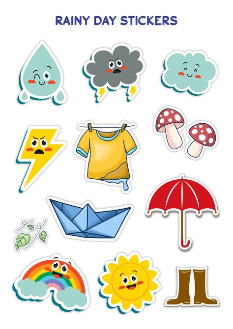 Rainy day stickers Monsoon Journal Ideas, Monsoon Day Celebration In School, Rainy Season Decoration For School, Rainy Day Celebration In Preschool, Rainy Season Decoration, Rainy Day Decoration In Preschool, Rainy Season Board Decoration Ideas, Rainy Stickers, Rainy Season Pictures