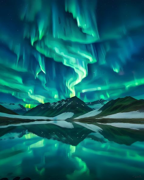 Traditional watercolor painting of mountains reflected in a lake with a green aurora borealis in the sky. This stunning artwork features a color scheme inspired by Jessica Rossier. The northern lights serve as a captivating background, adding an ethereal touch to the scene. This painting is currently trending on Unsplash and has been featured for its mesmerizing depiction of the aurora borealis. Abstract Aurora Borealis, Aura Borealis Painting, Aurora Borealis Mountains, Gouache Northern Lights, Northern Light Watercolor, Aurelia Borealis, Northern Lights Aesthetic, Aurora Painting, Northern Lights Watercolor