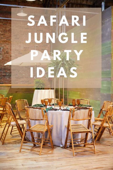 Here are some safari jungle party ideas for the adults' table. We used textured wicker charges, jungle green linens, and earth tone glassware on the table. I loved the bamboo chairs that brought the whole safari theme together. We topped it off with a tall green foliage centerpiece that had everyone feeling like they were sitting under the trees in the jungle. Check out our blog for more jungle party ideas! Jungle Theme Parties For Adults, Jungle Theme Birthday Party For Adults, Jungle Centerpieces Ideas Safari Theme, Safari Theme Party Adults, Safari Party For Adults, Adult Jungle Theme Party, Jungle Themed Dinner, Elegant Safari Theme Party, Jungle Table Decorations