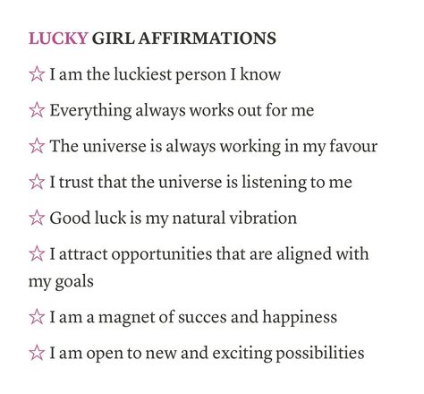 Lucky girl affirmations! 🩷 Follow @rorasubs for daily subliminals, manifestation, and affirmations ♡ #affirmations #manifestation #subliminals #rorasubs #affirming #manifesting #subs #iattract #idontchaseiattract #lucky #luckygirl #luckygirlsyndrome #universe Lucky Girl Affirmations, Lucky Affirmations, Lucky Aesthetic, Universe Affirmations, Girl Affirmations, Affirmation Board, Daily Journal Prompts, Self Concept, Daily Positive Affirmations