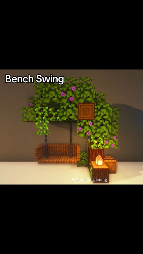 Minecraft Tree Garden, Minecraft Swingset, Minecraft Hanging Bench, Minecraft Park Bench Ideas, Bench In Minecraft, Minecraft Chair Designs, Minecraft Outdoor Decor Ideas, Minecraft Benches, Minecraft Swinging Bench