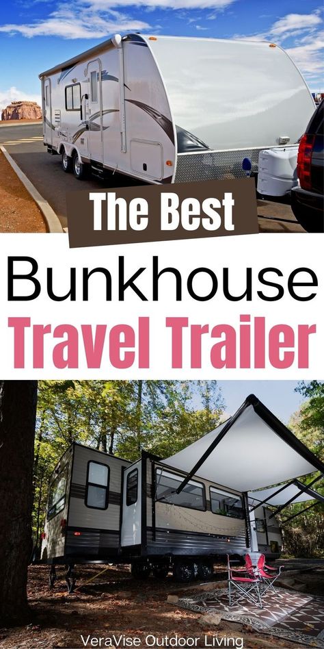 Bunkhouse travel trailers have been a popular choice for entry-level campers as well as full-time campers who simply want a larger and more comfortable sleeping space for the whole family. One can get easily overwhelmed with so many brands offering different models and layouts, so if you're in the market for a new one, here are the best bunkhouse travel trailers that fit every budget and camping style. Bunkhouse Camper, Bunkhouse Travel Trailer, Travel Trailer Floor Plans, Camper Flooring, Best Travel Trailers, Rv Floor Plans, Rv Gear, Rv Campgrounds, Passport Travel