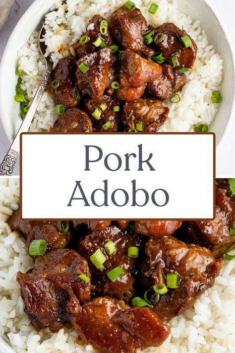 Tender, slow-cooked pork adobo is an easy recipe full of rich, tangy, slightly sweet flavors. Serve it over a bed of rice or on its own for a simple but delicious meal! Pork Adobo Recipe, Filipino Pork Recipes, Asian Pork Recipes, Pork Shoulder Recipes, Bowl Of Rice, Pork Adobo, Adobo Recipe, Slow Cooked Pork, Adobo Chicken