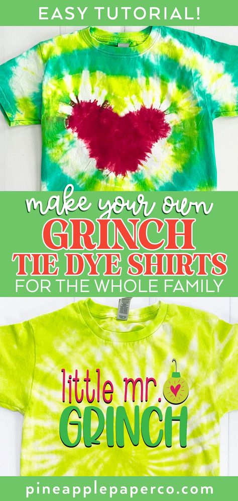 Grinch Tie Dye Shirts - Easy Tie Dye Tutorial for Christmas! See how at Pineapple Paper Co. #grinch #christmasshirt #tiedye #tiedyepatterns #tiedyetutorial #diychristmas Christmas Tye Dye Ideas, Diy Grinch Shirt, Tie Dye Designs Pattern, Easy Tie Dye, Easy Diy Tie Dye, Diy Grinch, Christmas Tie Dye, Diy Tie Dye, Tie Dye Tutorial