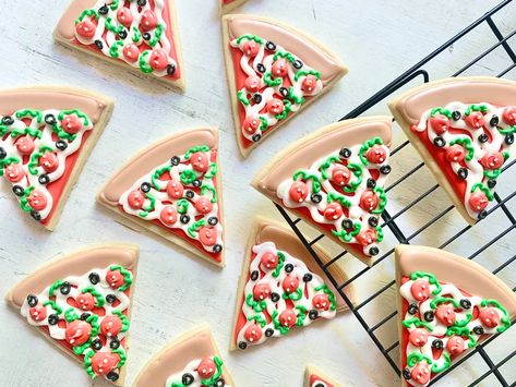 Pizza Slice Sugar Cookie One Dozen - Etsy Slice Cookies, Sugar Cookie Pizza, Toy Story Cookies, Cookie Pizza, New Bern, Royal Icing Decorations, Star Cookies, Mini Pizza, Pizza Slice