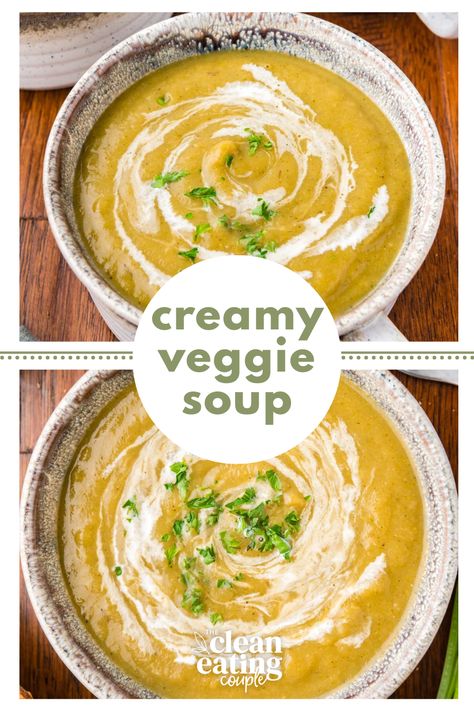 A Creamy Veggie Soup recipe that is SO easy to make! This cream of vegetable soup is rich, thick, and delicious - a perfect healthy dinner! It's loaded with carrots, cauliflower, broccoli, corn, and onion for a nutritious one pot meal! Creamy Veggie Soup, Veggie Soup Recipe, Cream Of Vegetable Soup, Creamy Vegetable Soup, Winter Vegetable Soup, Veggie Soup Recipes, Easy Meal Prep Recipes, Vegetable Soup Healthy, Healthy Meal Prep Recipes