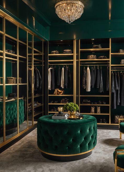 Dark Green Office, Eclectic Maximalist Decor, Luxurious Walk In Closet, Summer Interior, Dark Green Walls, Marble Island, Living Room Warm, Closet Layout, Shaker Style Doors