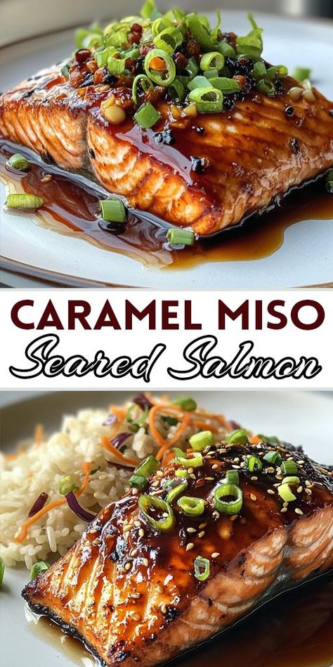 Sweet, savory, and unforgettable! This Caramel Miso Seared Salmon is the perfect balance of flavors 🍯🐟. With a rich caramelized crust and a touch of miso, this dish is a standout for dinner parties or weeknight meals. Ready in minutes! Try it out! #CaramelMisoSalmon #SalmonDinner #AsianInspired #EasyGourmet #SeafoodRecipes #QuickMeals Miso Glazed Salmon Recipe, Salmon For Dinner, Miso Salmon Recipe, Asian Salmon Recipes, Crusted Salmon Recipes, Miso Recipe, Miso Glazed Salmon, Asian Salmon, Miso Salmon