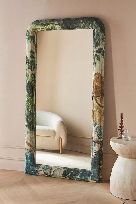 Anthropologie's Spring Collection Is Full of Upholstered Surprises | domino Large Organic Mirror, Unique Floor Length Mirror, Unique Floor Mirror, Special Interior Design, Floor Mirror In Living Room, Big Mirror Entryway, Beach House Mirror, Upholstered Mirror, Mirror Chair