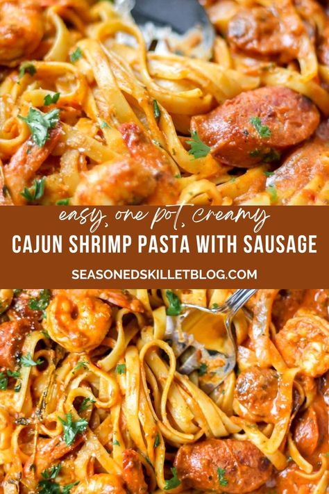 One Pot Creamy Cajun Shrimp Pasta with Sausage Cajun Shrimp Pasta With Sausage, One Pot Cajun Pasta, Cajun Seafood Pasta, Cajun Pasta Recipes, Shrimp And Sausage Pasta, Creamy Cajun Shrimp, Cajun Sausage Pasta, Creamy Cajun Pasta, Creamy Cajun Shrimp Pasta