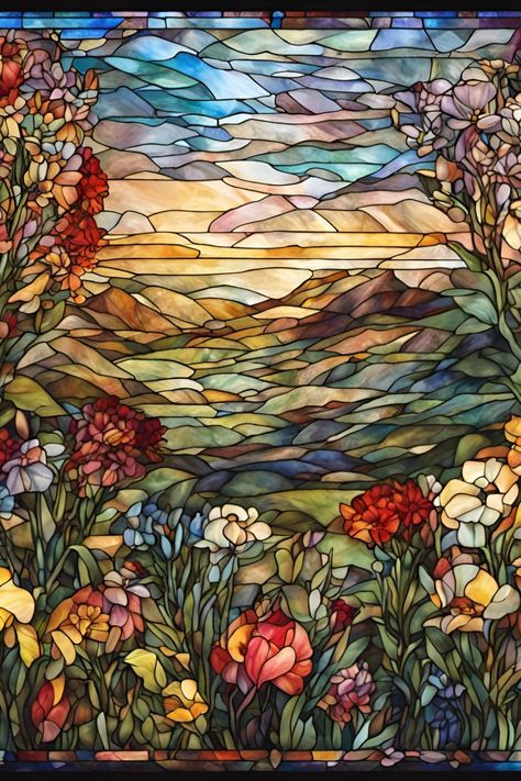 Beautiful, colorful, faux stained glass image of wildflowers framing a hilly landscape Flower Stained Glass Art, Watercolor Stained Glass Painting, Stained Glass Digital Art, Stained Glass Landscape, Pretty Windows, Stained Glass Watercolor, Murmuration Art, Hilly Landscape, Glass Illustration