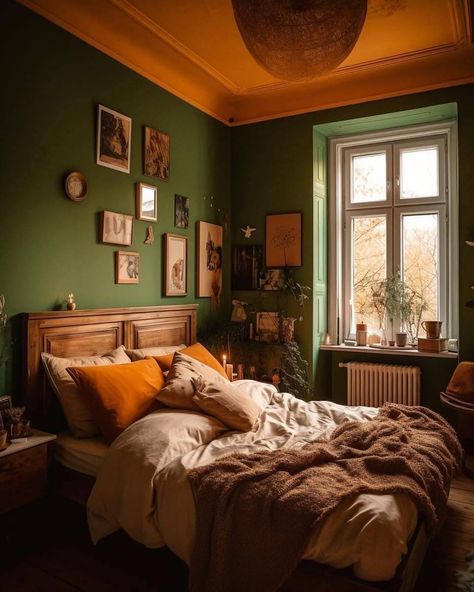 White Green Orange Bedroom, Green Yellow Room Decor, Sage Green And Brown Bedroom Ideas, Yellow House Aesthetic Interior, Green And Yellow Room Ideas Bedroom, Green Forest Room Aesthetic, Yellow And Sage Green Bedroom, Orange And Green Room Aesthetic, Green Whimsigoth Bedroom