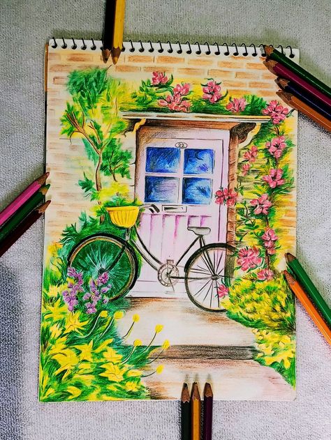 #pencilportrait #creative #watercolor #realisticdrawing #drawingart #ink #graphite #artsy Scenery With Colour Pencils, Pencils Colour Art, Scenery Drawing Pencil Sketches, Drawing In Pencil Colour, Colored Sketches Pencil, Pencil Colour Painting Landscape, Colorful Pencil Sketches, Nature Scenery Drawing With Oil Pastels, Painting By Pencil Colour