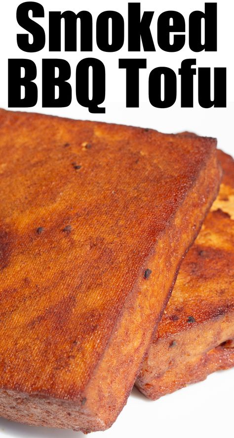 Two blocks of tofu that have turned deep red from marinating in bbq sauce and being smoked on the grill on a white serving plate. Bold text at the top reads "Smoked BBQ Tofu". Smoked Tofu Recipe, Smoked Pork Recipes, Smoked Tofu, Meat Love, Bbq Tofu, Vegetarian Barbecue, Smoked Cooking, Vegetarian Entrees, Vegetarian Lunch