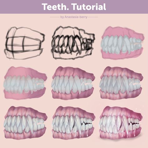 Teeth. Tutorial | Patreon Teeth Coloring Tutorial, How To Paint Teeth, How To Shade Teeth, Teeth Tutorial, Mouth Study, How To Draw Teeth, Drawing Teeth, Digital Art Inspiration, Teeth Drawing