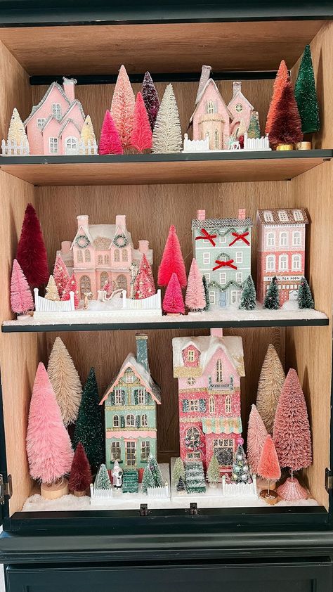 Colorful Christmas Home Decor, Christmas Village In Tree, Anthropologie Christmas Inspiration, Christmas Diy House, Anthropologie Christmas Decor Diy, Christmas Craft Aesthetic, Making Decorations, Anthro Inspired Christmas Diy, Anthropologie Home Christmas