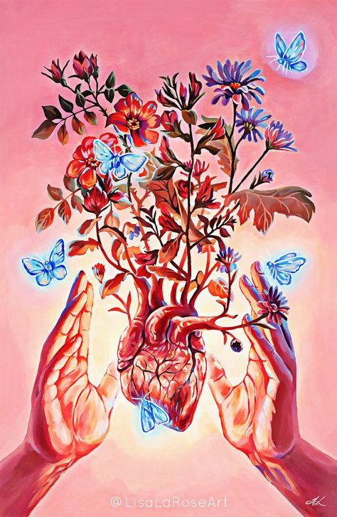 Lisa LaRose Art Inner Garden, Figure Sketches, Painting On Wood Panel, Heart Flowers, Dream Painting, Heart Painting, Simple Acrylic Paintings, Arte Inspo, Beginner Painting