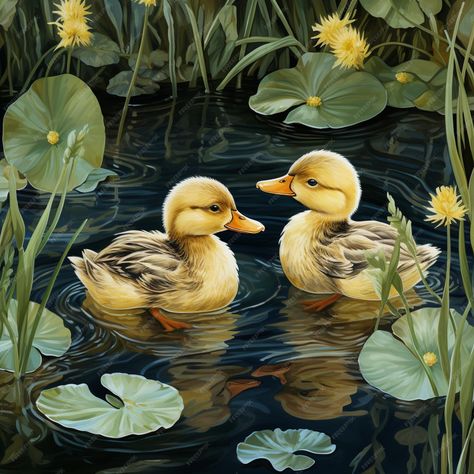 Premium Photo | Painting of two ducks in a pond with lily pads and water lillies generative ai Sleeping Duck Drawing, Duck In Pond, Pond With Lily Pads, Ducks In A Pond, Duck Drawing, Lotus Plant, Water Lily Pond, Tree Mural, Duck Pond