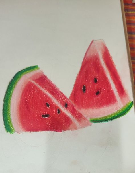 Fruit Pastel Drawing, Soft Pastel Fruit Drawing, Watermelon Drawing Realistic, Oil Pastel Drawings, Pastel Drawing, Oil Pastel, Watermelon, Pastel, Drawings