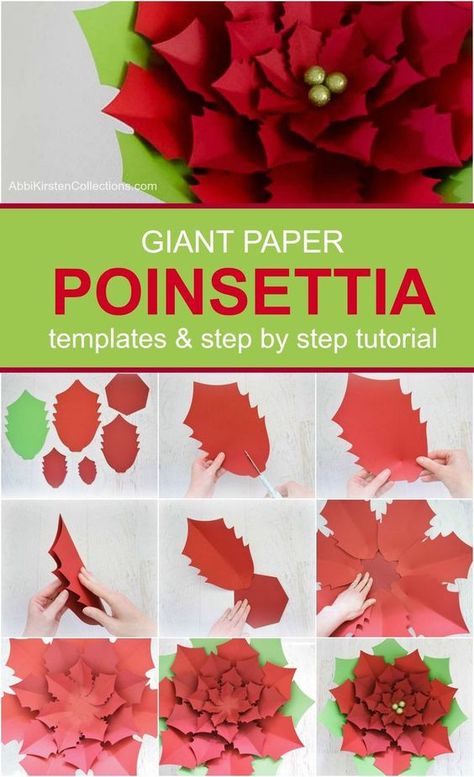 Christmas Paper Flowers Diy, Paper Poinsettias, Paper Poinsettia, Diy Fleur, Poinsettia Flowers, Paper Christmas Decorations, Christmas Paper Crafts, Paper Flower Template, Paper Flowers Craft