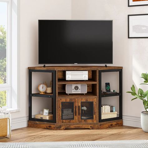 Farmhouse Corner TV Stand Entertainment Center Media Console for TVs up to 55" with Power Outlet - On Sale - Bed Bath & Beyond - 37841652 Tv Showcase Design, Oak Corner Tv Stand, Farmhouse Style Tv Stand, Tv Media Console, Console With Storage, Corner Tv Stands, Farmhouse Entertainment Center, Tv Stand Shelves, Functional Tv Stand