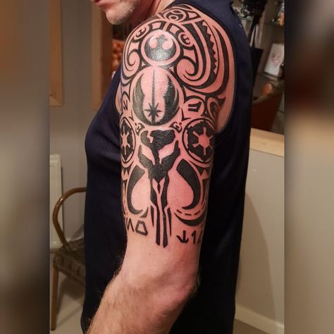 Jedi And Sith Tattoo, Star Wars Arm Sleeve Tattoo, Star Wars Filler Tattoo, Star Wars Republic Tattoo, Mandalorian Symbol Tattoo, Star Wars Sleeve Tattoos For Guys, Star Wars Arm Tattoo, Star Wars Jedi Tattoo, Jedi Tattoo Ideas