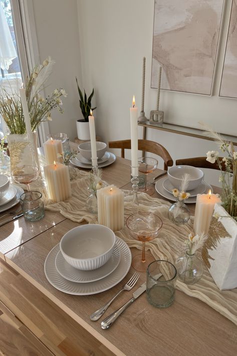 Every Day Table Decor, Tablescape Candles, Candle Tablescapes, Neutral Candles, Dining Table Candles, Table Candles, Candle Table Decorations, Tasty Snacks, Apt Decor